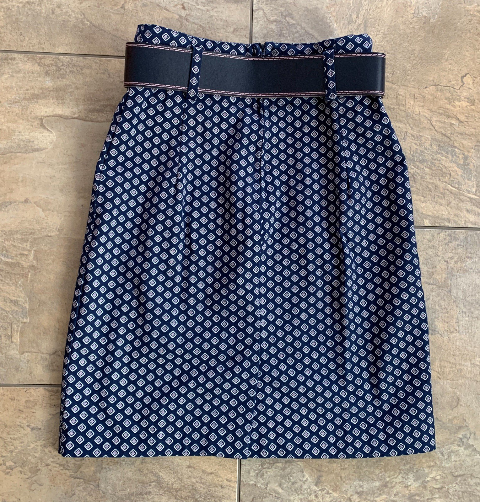 Vintage A Buyer California Sz 3 Geometric Belted A-line Navy Blue Skirt Made USA