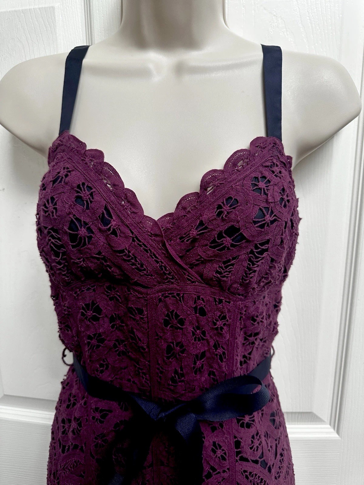 Betsey Johnson 1990s SZ 4 Purple Crochet Lace Overlay Over Navy Silk Navy Trim