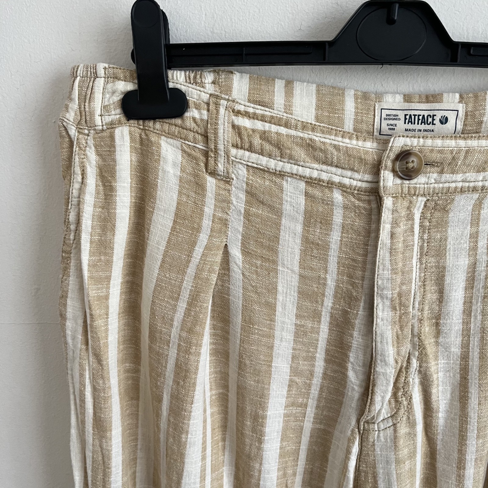 Fat Face Natural Tan Stripe Soft Linen Blend Wide Leg Trousers – Size UK 14 S