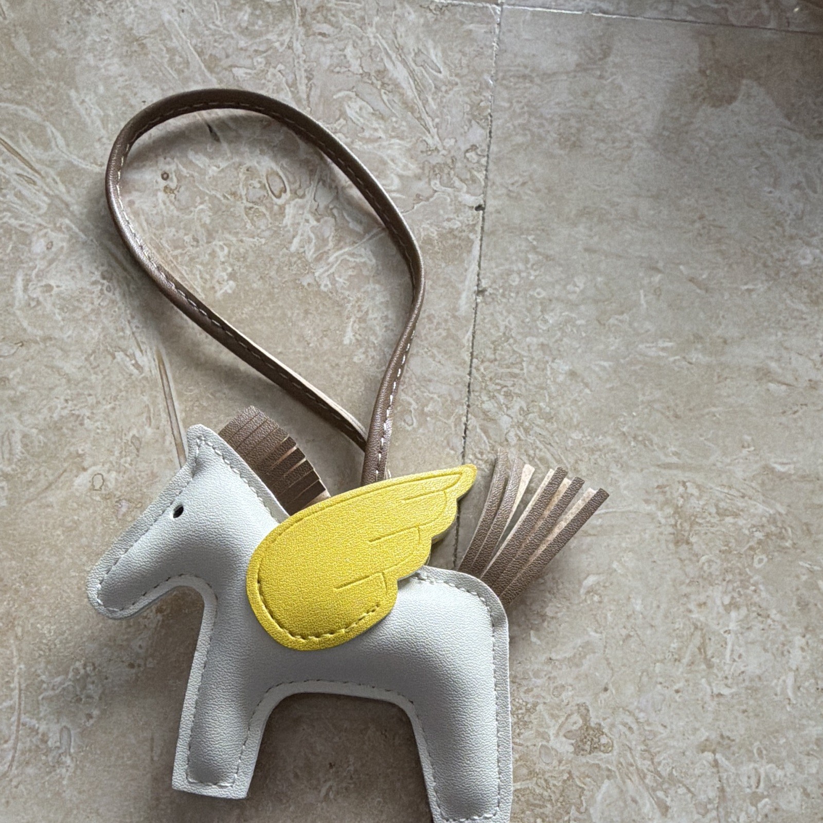Leather Horse Key Chain Bag Charm White Yellow Wing Brown Strap Women