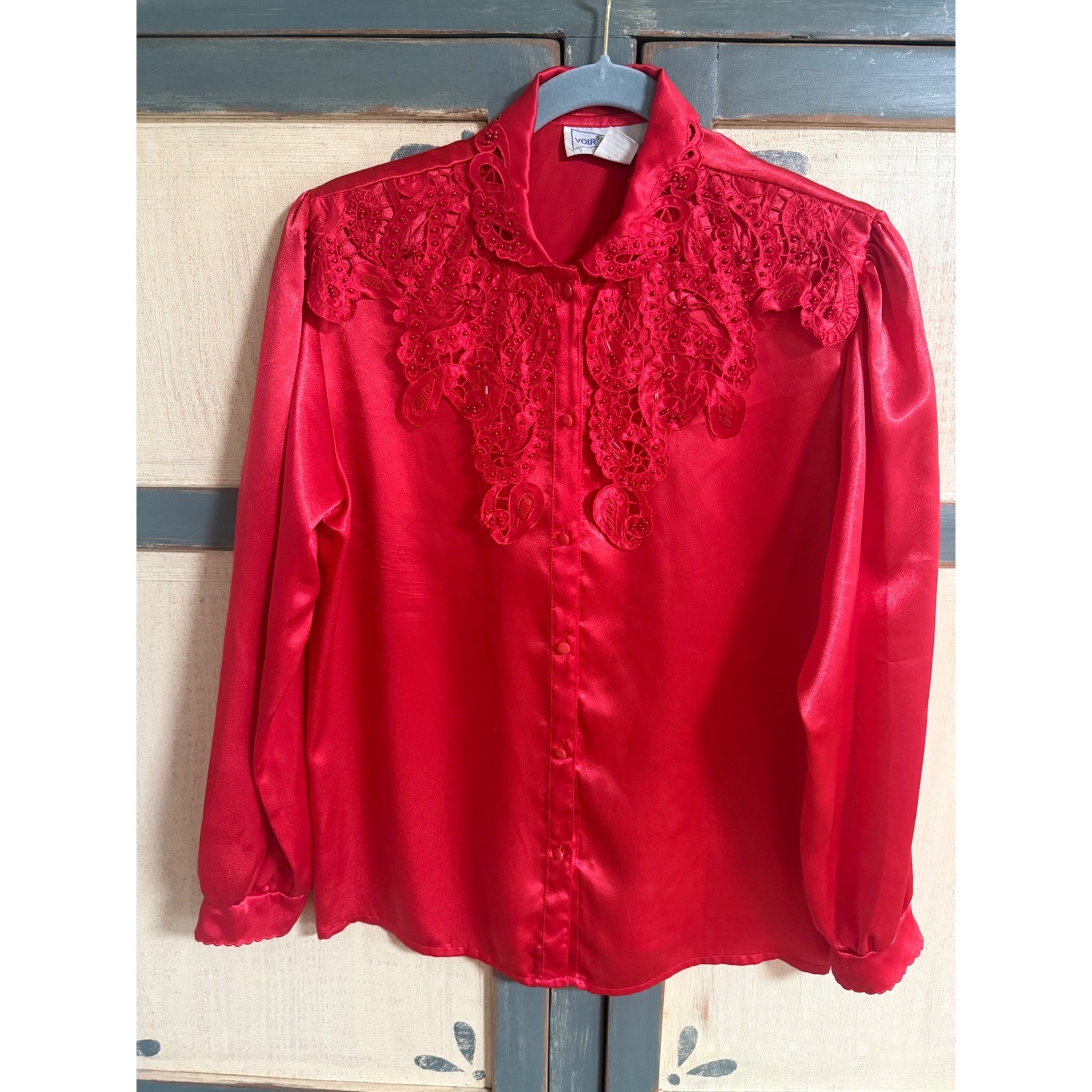 Voir Paris New York Red Satin Beaded Lace Blouse Vintage M Victorian Coquette
