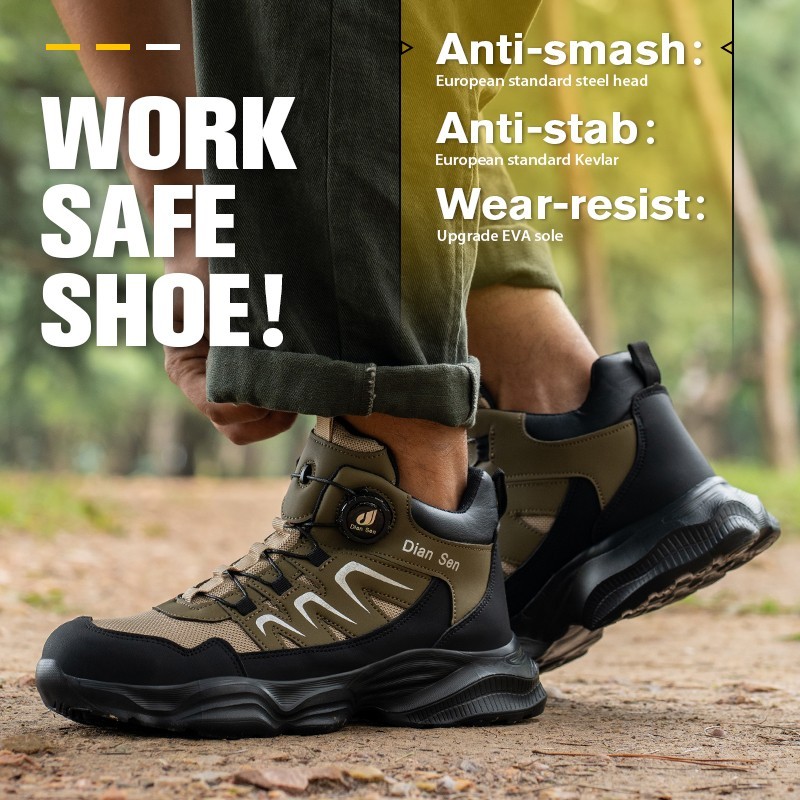 Men Safety Toe Work Shoes Rotating Buckle Breathable Non-Slip Steel Toe Sneakers