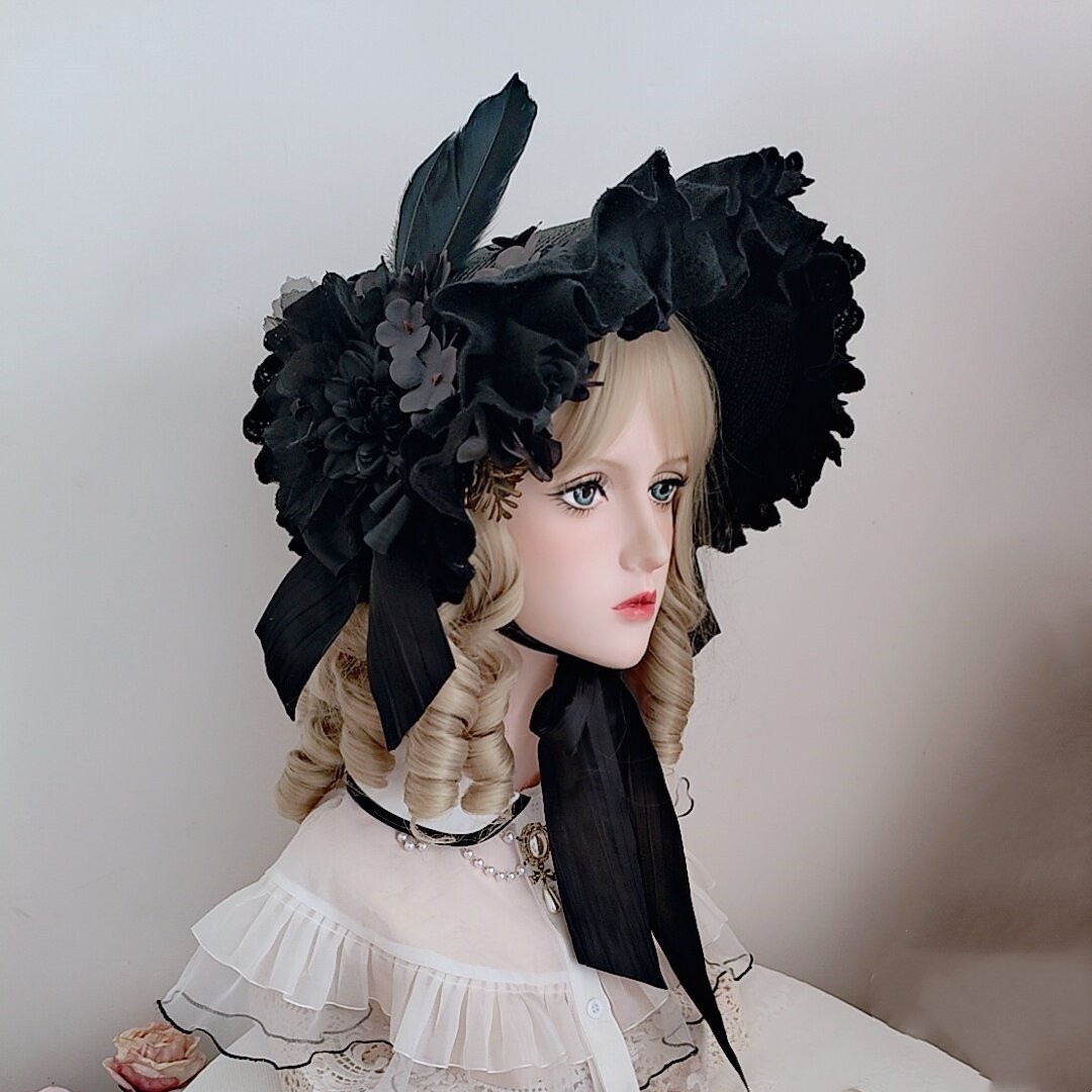 Victorian Hats for Women Gothic Lolita Black Bonnet Hat with Florals for Parties