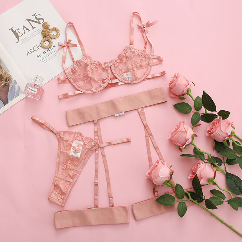 Women Sexy Lingerie Lace Babydoll Bra Set Thong Panty Garter Sleepwear Nightwear
