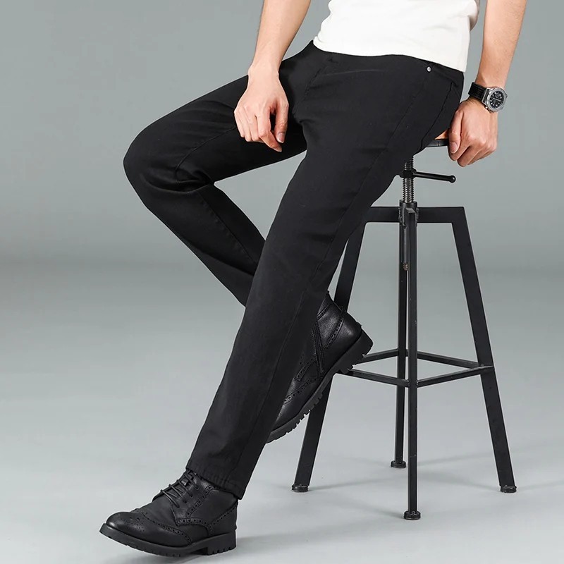 Men’s Black Straight Leg Jeans Casual Stretch Mid Waist Classic Cotton Pants