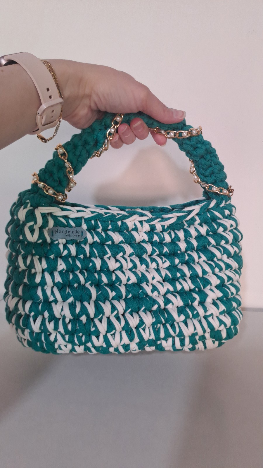 Handmade Crochet Bag Turquoise & White Stylish Summer Handbag Gift