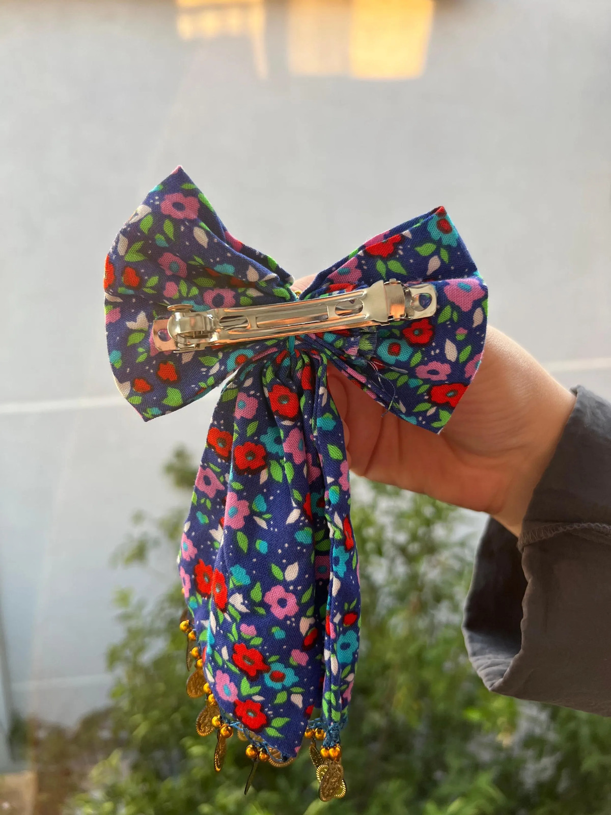 Gold-Toned Handmade Floral Hair Bow with Coin Trim Unique Boho Vintage Turkish
