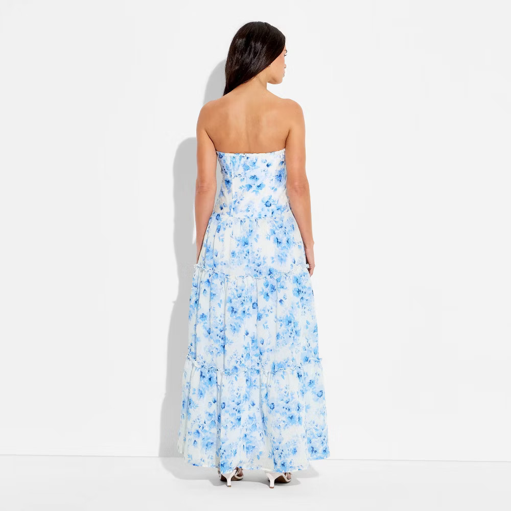 Women Strapless Tiered Corset Maxi Dress – Wild Fable White Floral M