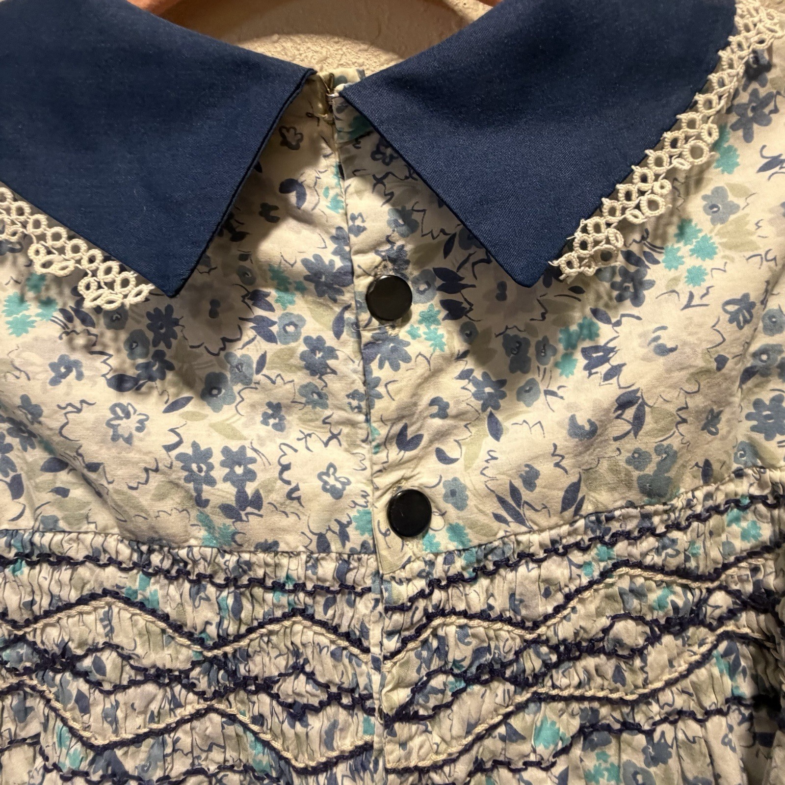 Vintage Liberty of London Girls Hand Smocked Floral Dress Blue Peter Pan Collar