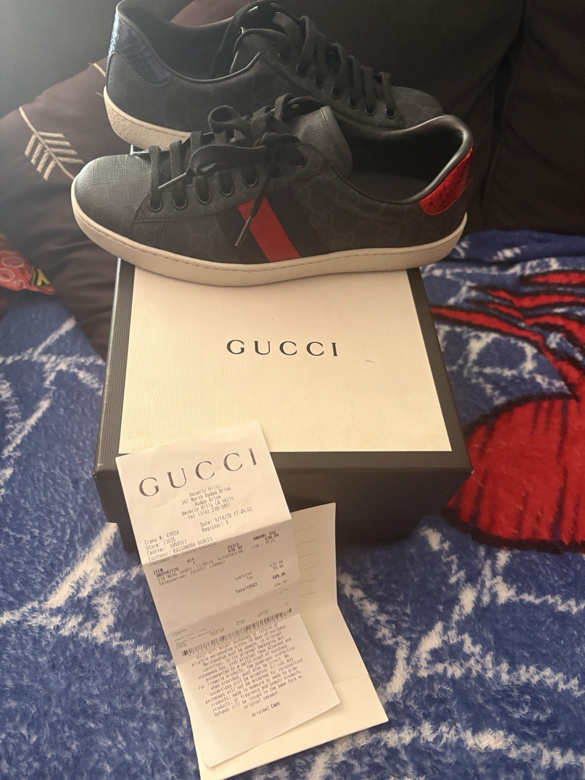 Gucci Men’s Monogram Lace-Up Sneakers Black Red Blue Leather US 5.5