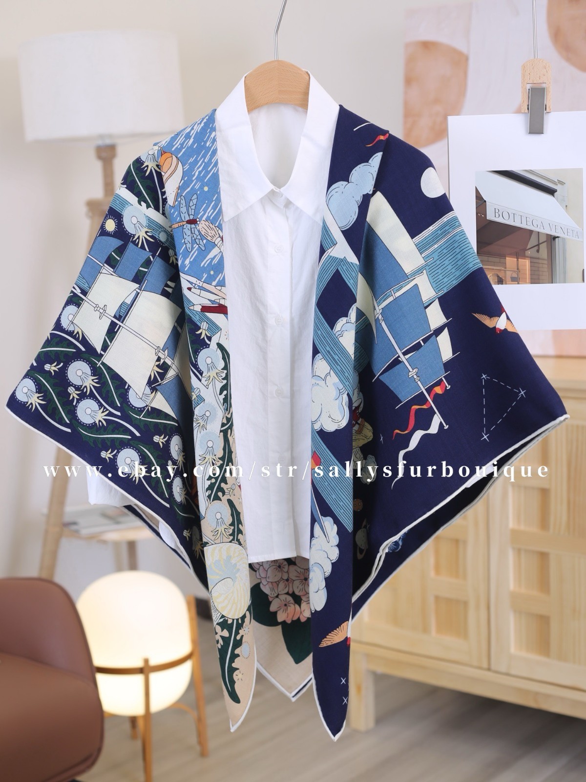 Sallys 70% Cashmere & 30% Silk Wrap Scarf Boat Print Double Face Shawl 53″ Navy