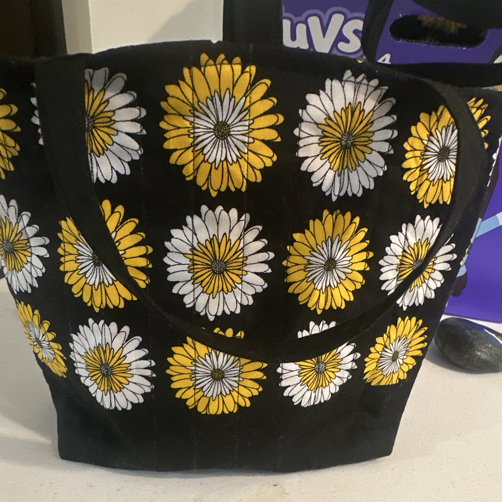 Handmade quilted Black Yellow White Daisy Floral Tote Bag for Women, button,