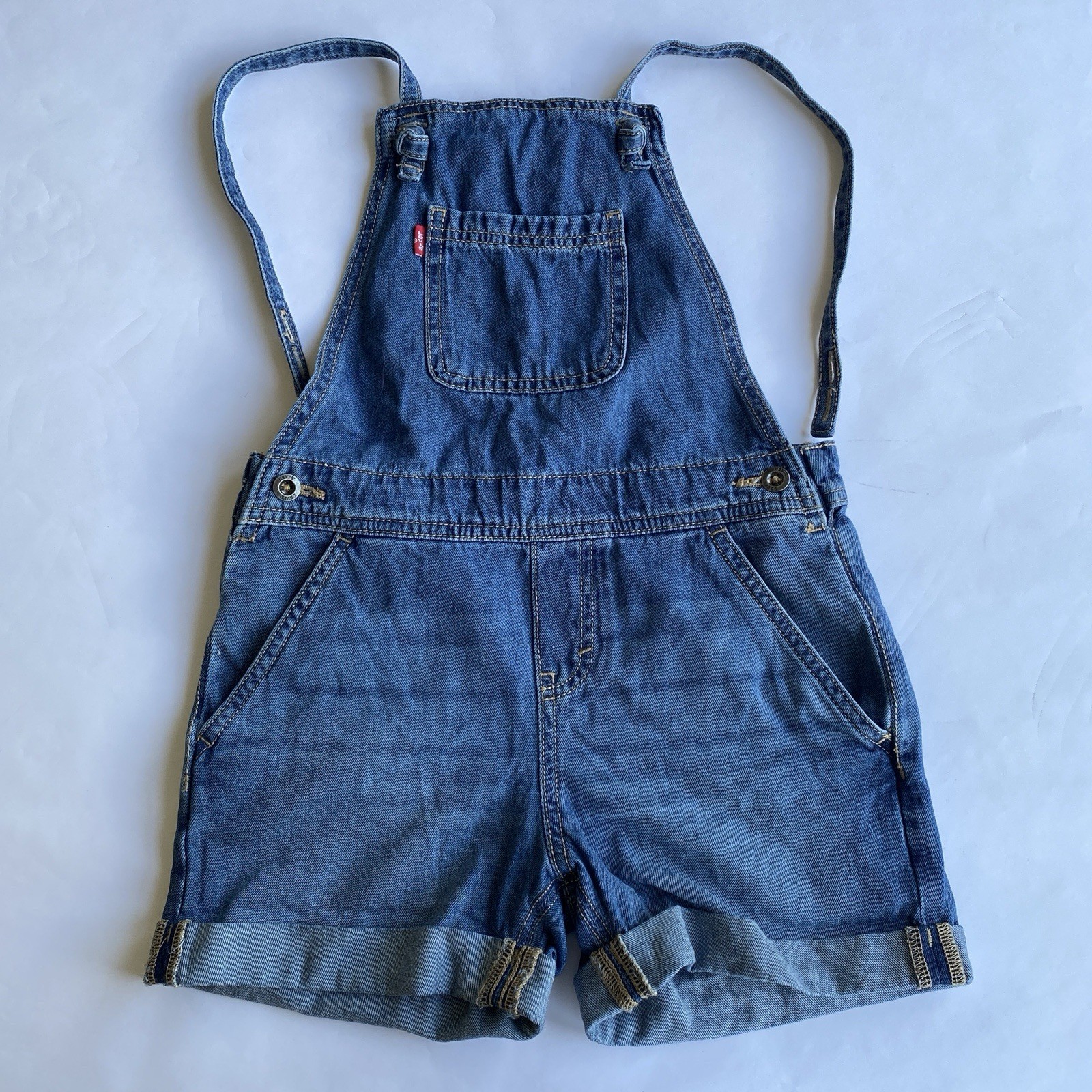 Girls Size 8 Levi’s Denim Shortalls Overall Shorts Knot Strap 100% Cotton