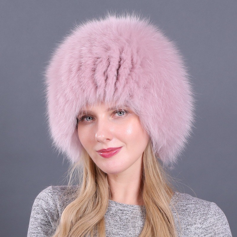 Winter Women Warm Rabbit Fur Fox Fur Hat Outdoor Fluffy Knitted Hat Cap