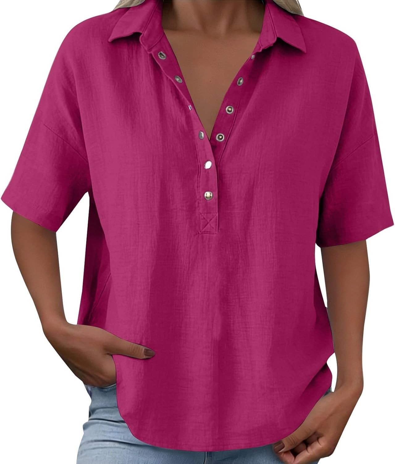 Women Cotton Linen Tops Button Down V Neck Half Sleeve Summer Gauze Blouse