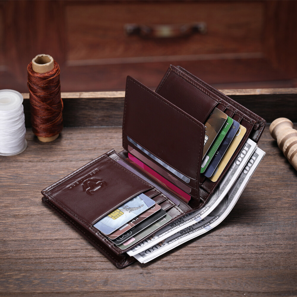 Mens Genuine Leather Zipper Wallet RFID Blocking Bifold Zip Around Card Holder