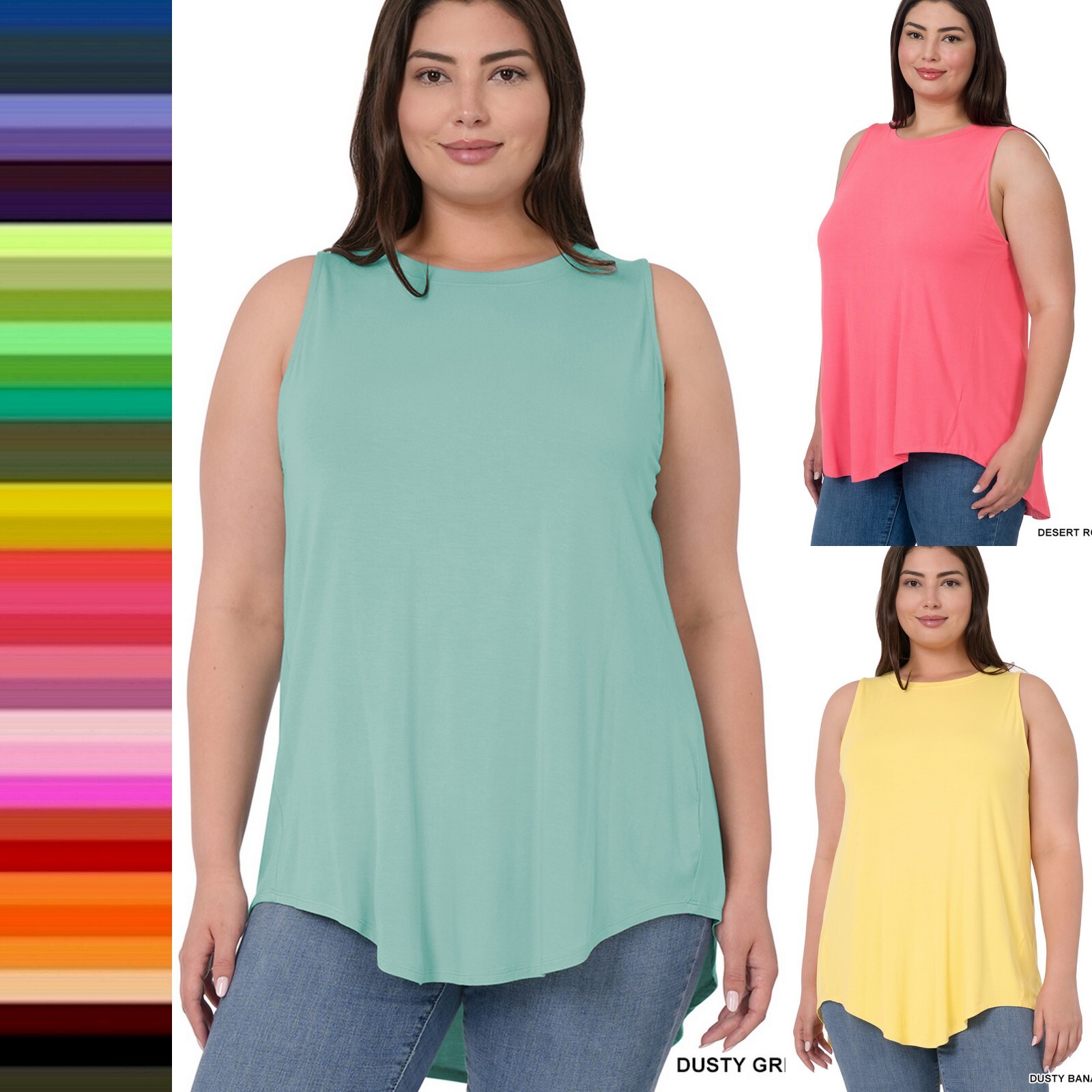 1X 2X 3X Women Round Neck Sleeveless Long Tank Top Luxe Rayon Tunic High Low Hem