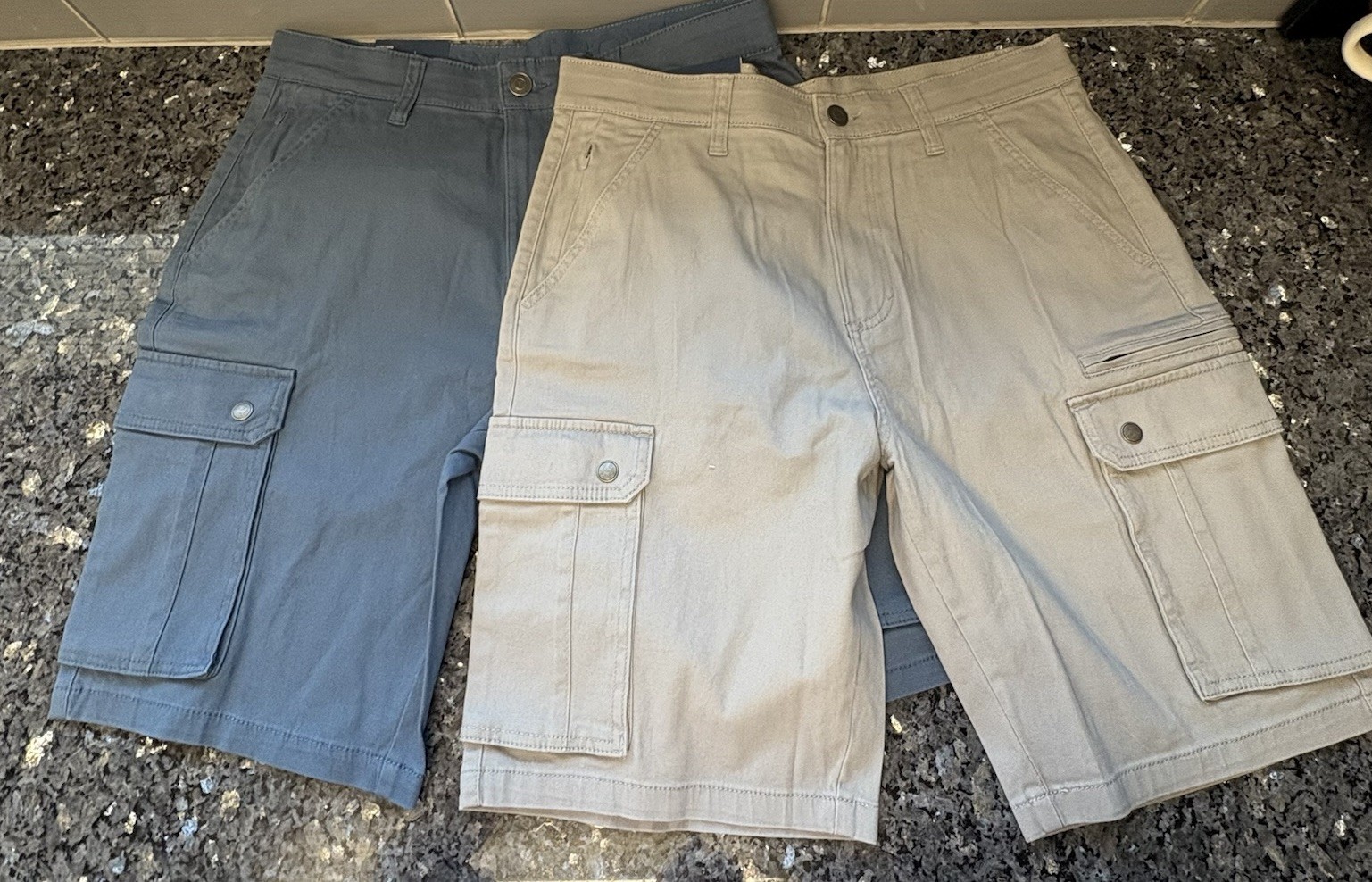 Iron Co. Men’s Blue + Grey Solid Flat Front Cargo Shorts Zip Closure