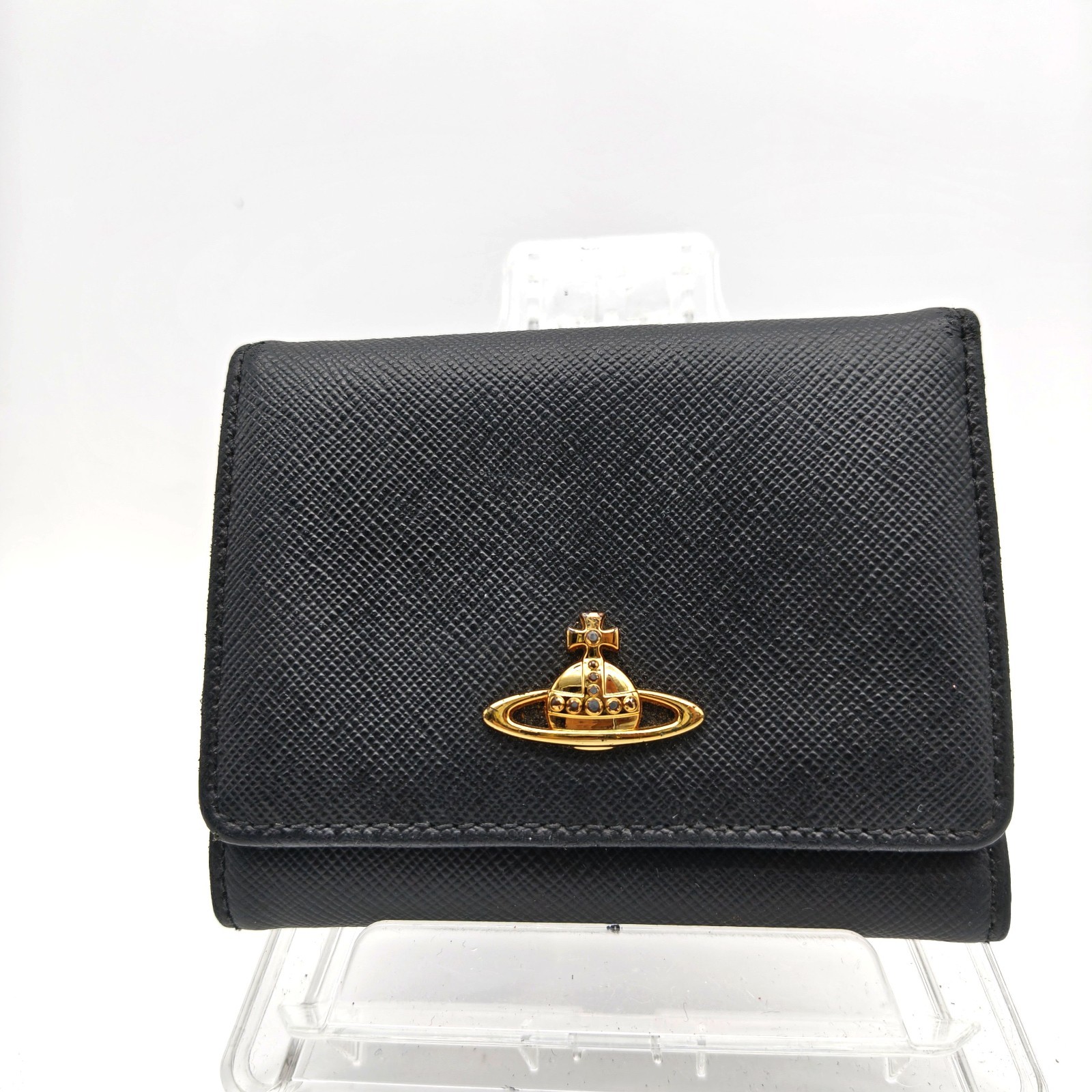 Vivienne Westwood SMALL FRAME WALLET Orb Tri-fold purse Saffiano Leather Black