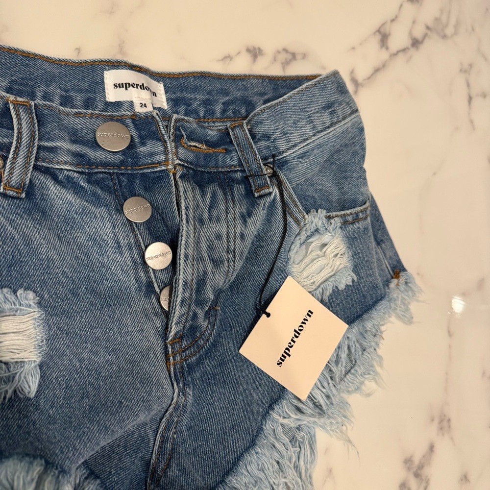 NWT Superdown Keira Jean Shorts in Dark Stone Wash Blue Distressed size 24