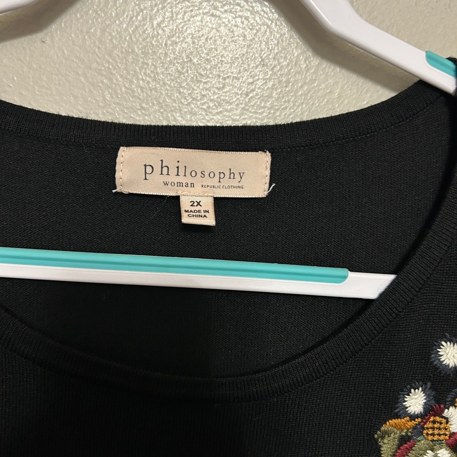 Philosophy Knit Top Womens 2X Black Floral Embroidered Bell Sleeve Cottagecore