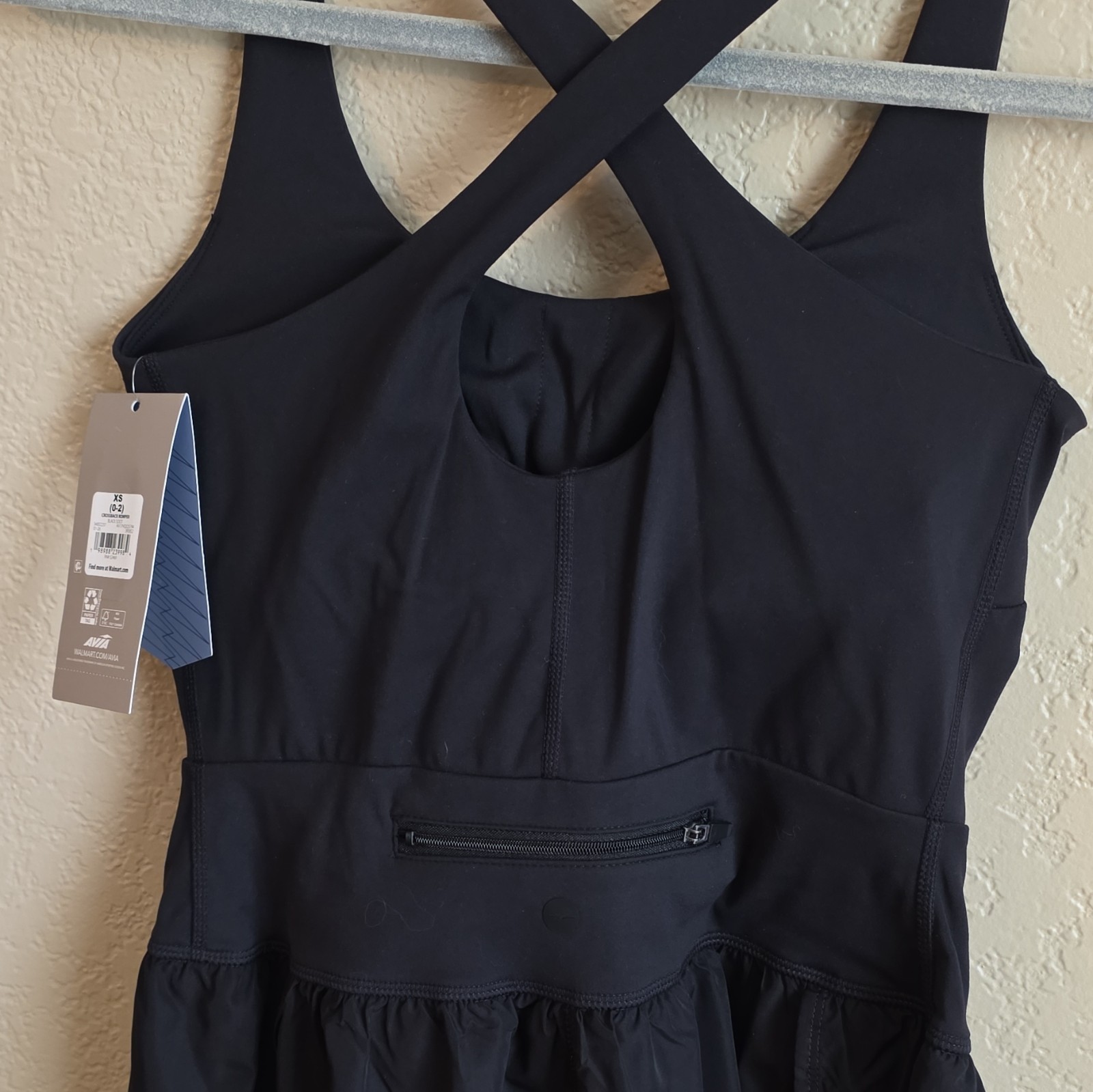Avia Women’s Crossback Romper Moisture Wicking Zippered Pocket Black XS