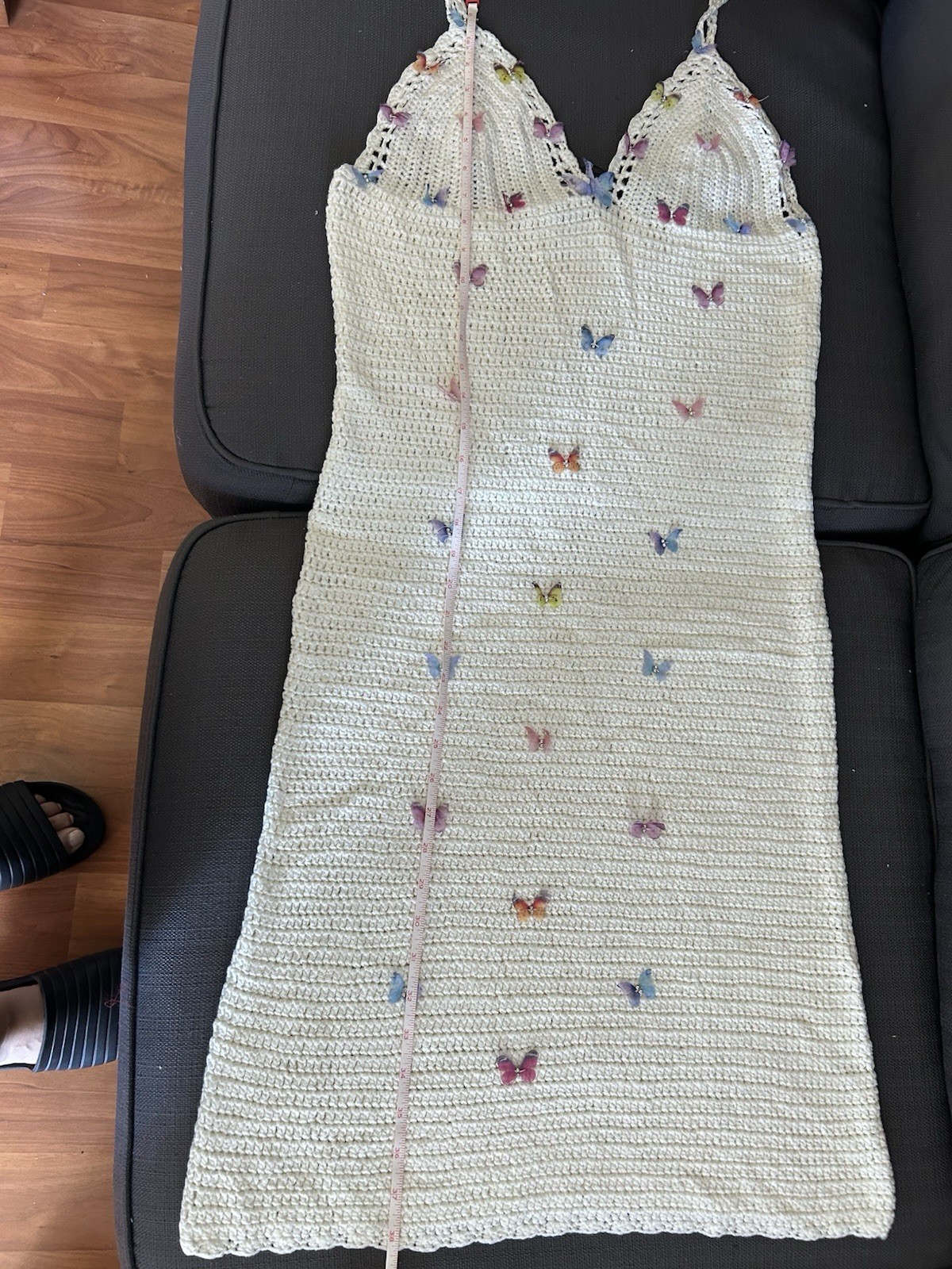 Fashion Nova Ivory Crochet Butterfly Midi Slip Dress V-Neck Strappy L Acrylic