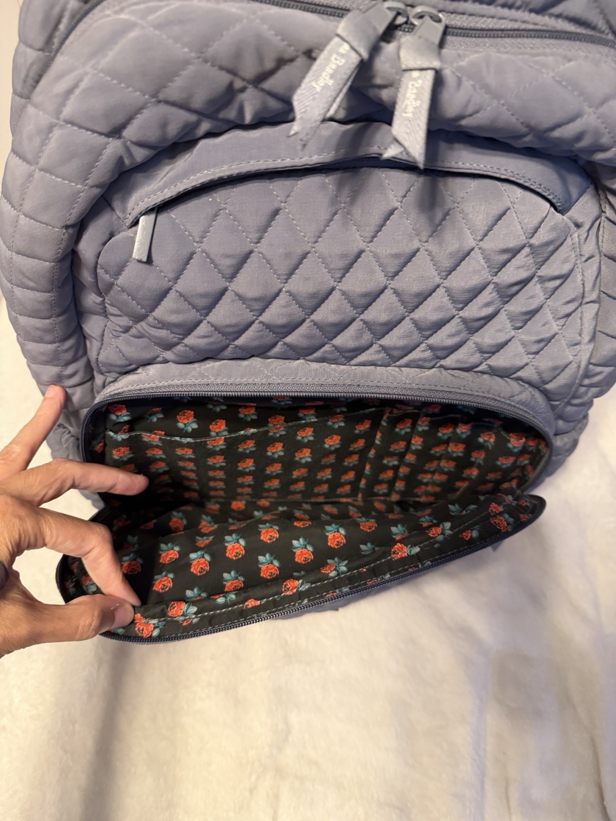 Vera Bradley Essentials Large Backpack Carbon Gray Quilted Rose Flower Lined EUC