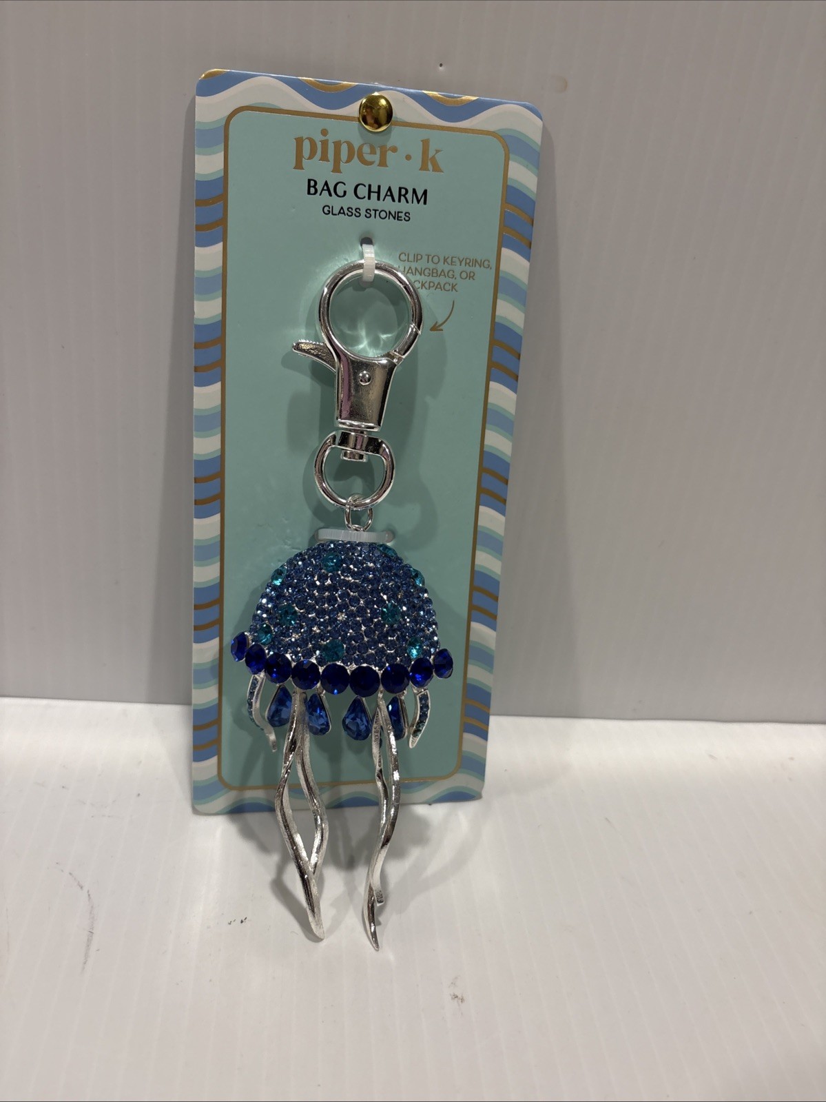 💙NWT Piper K Blue Rhinestone Jelly Fish Bag Charm / Keychain Blue Crystal