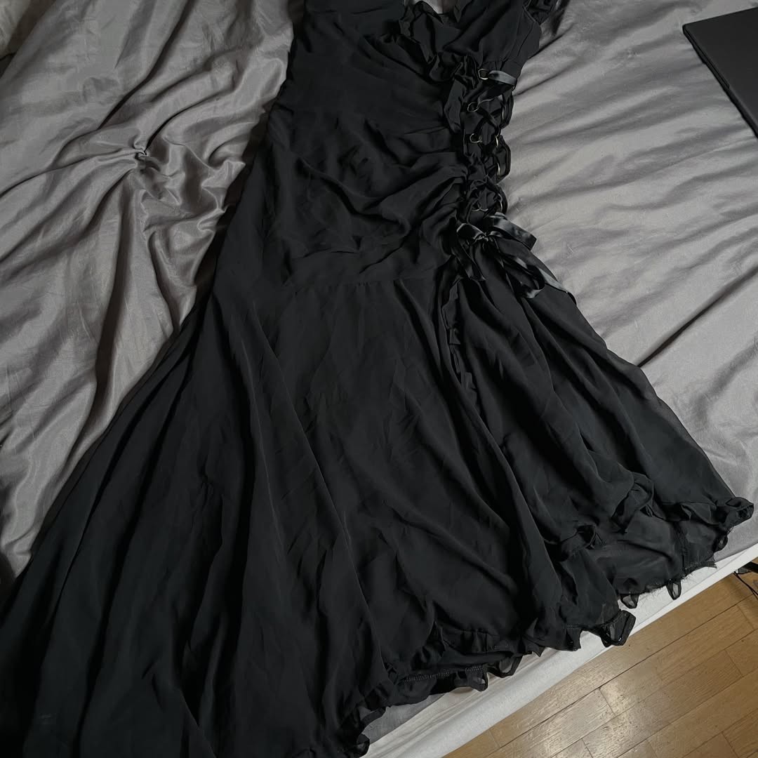 Vintage Whimsigoth Black Midi Dress Side Lace Up Corset Ribbon Ruffle Hem XXS XS