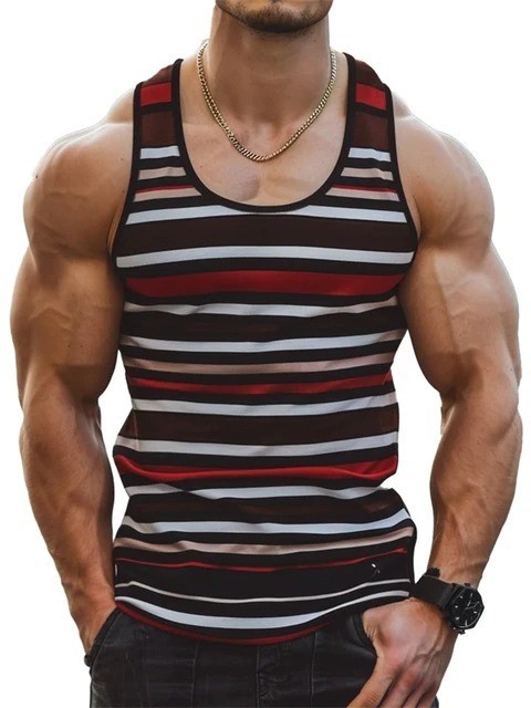 Men’s Striped Gym Tank Top Summer Beach Muscle Sleeveless Shirt Casual Vest S-6X