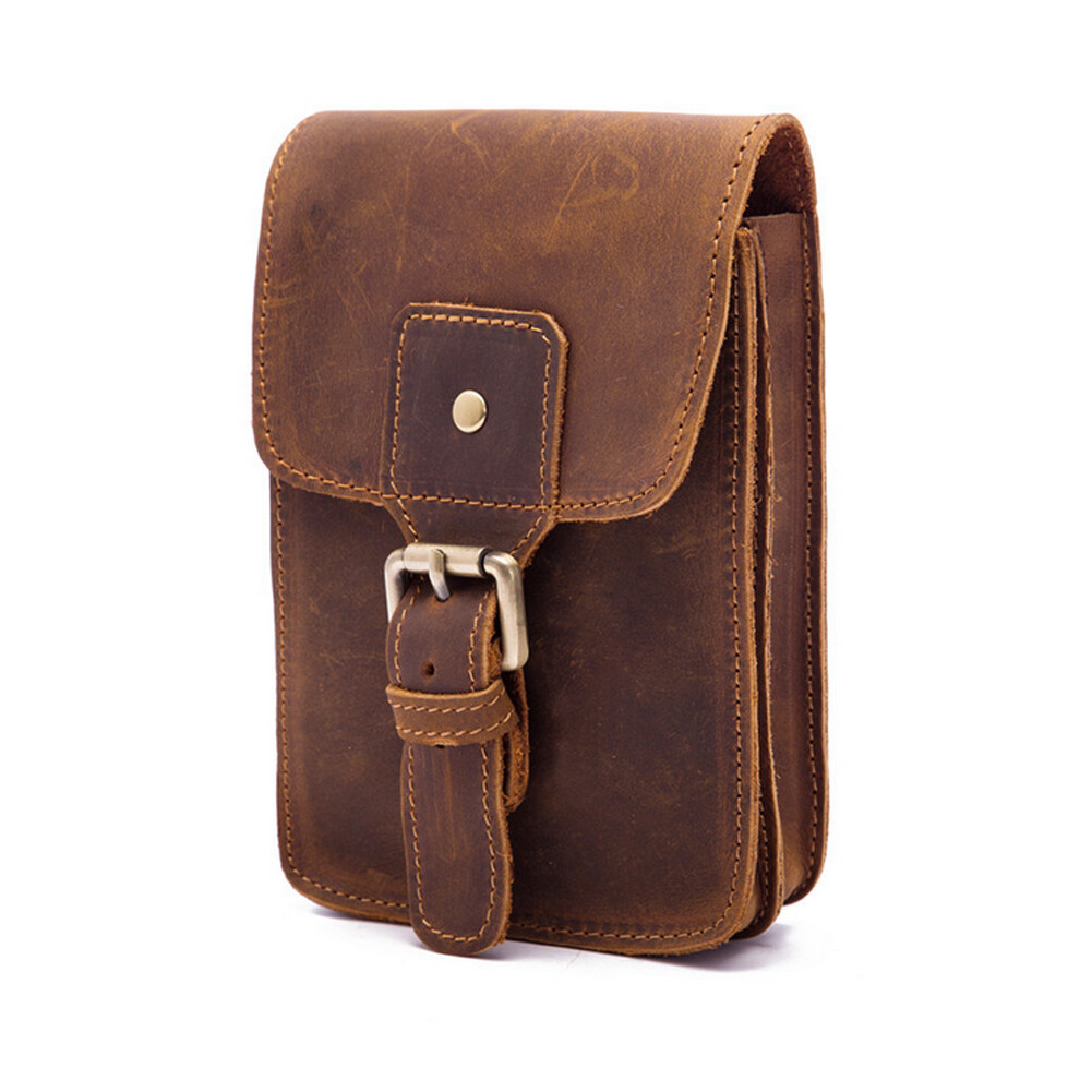 Crazy Horse Leather Men Small Waist Bag Pouch Hook Fanny Waist Belt Pack#
