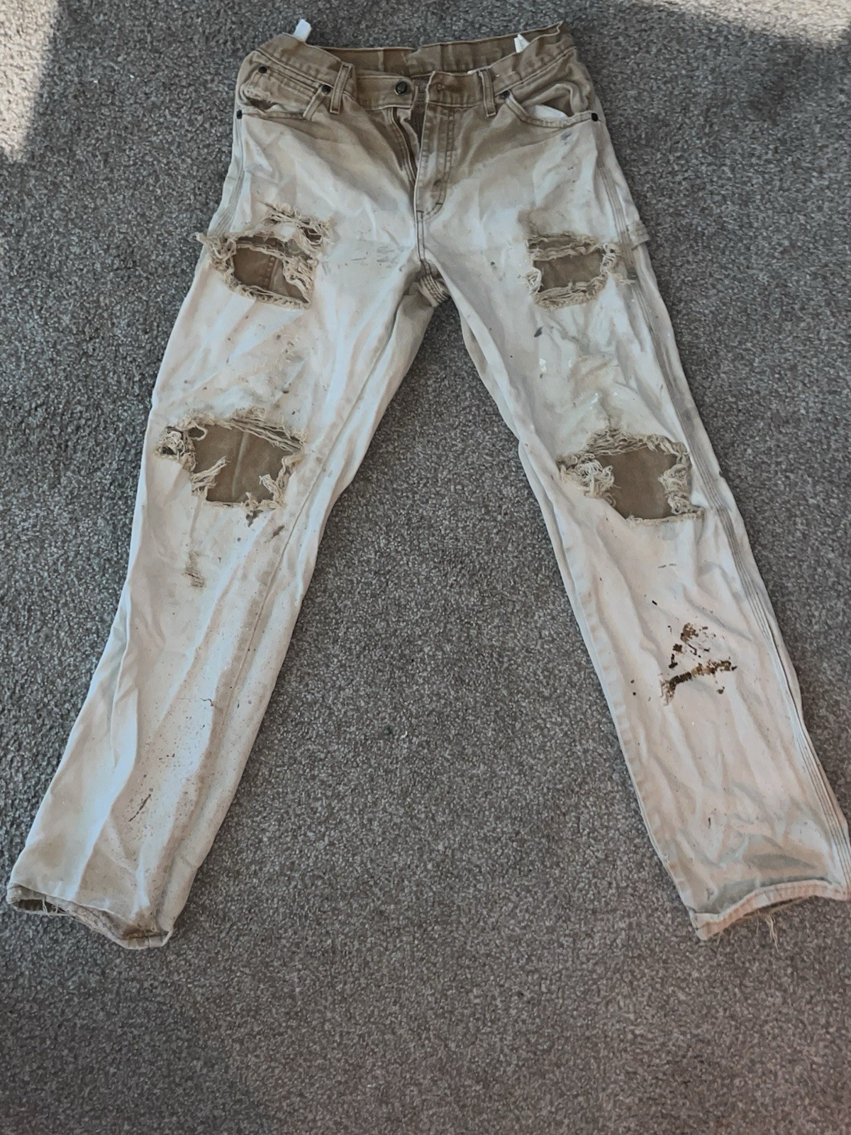 Distressed Dickies Men’s Beige Canvas Workwear Pants Straight Leg 30×34