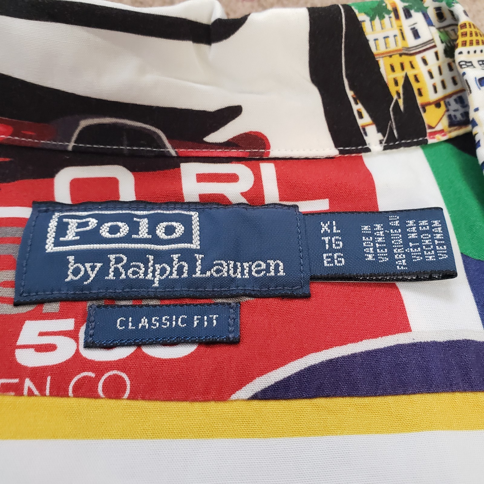 Polo Ralph Lauren Formula Racing Sz XL Classic Fit Prix Poster Woven Camp Shirt