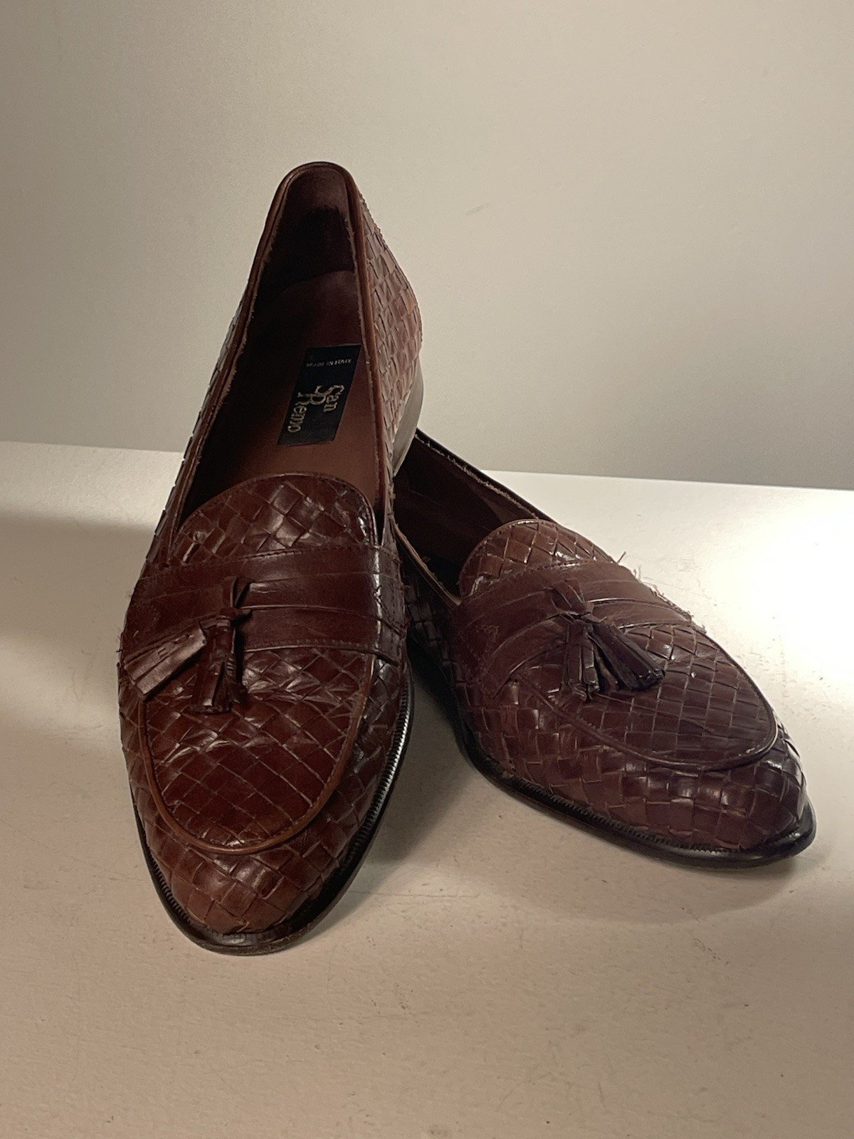 Vintage San Remo Italy Woven Leather Tassel Loafers Brown Men’s 10 Made in Italy