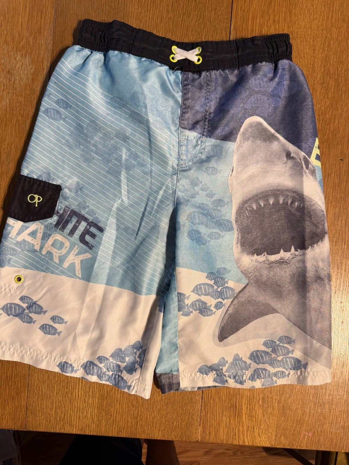 Vintage OP Ocean Pacific Swim Trunks Youth Large Shark Graphic 80s 90s Surf