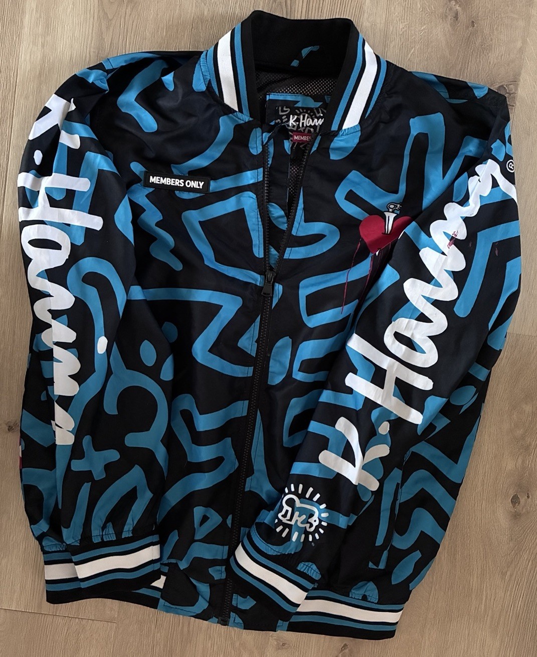 Members Only Keith Haring Tokyo Pop Bomber Jacket Black Blue Graphic Print S