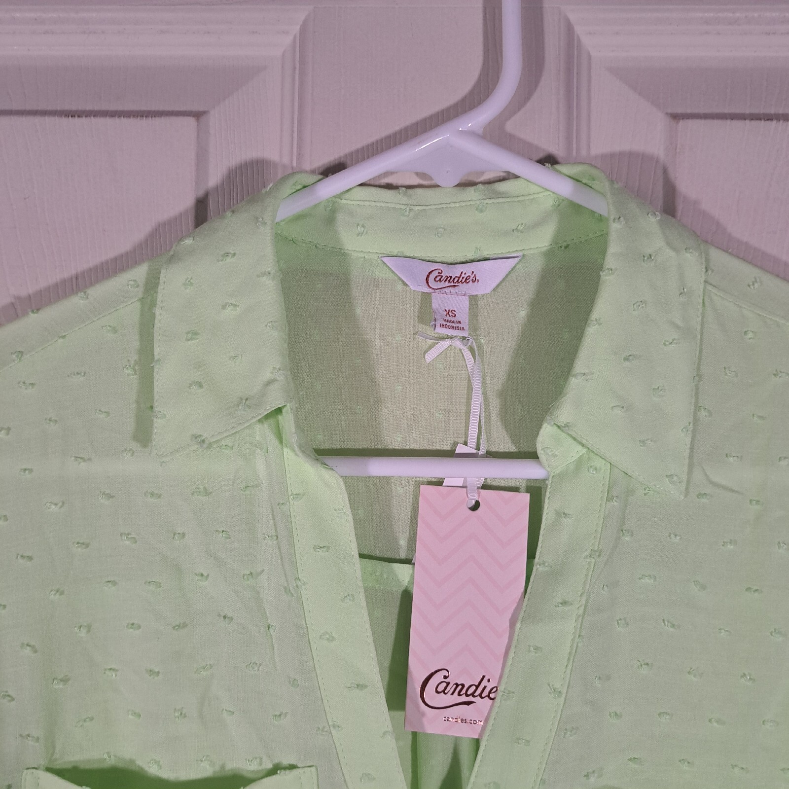 Candies Button Up Shirt Womens Size XS Green Cuffed Textured Sheer NWT $38.00