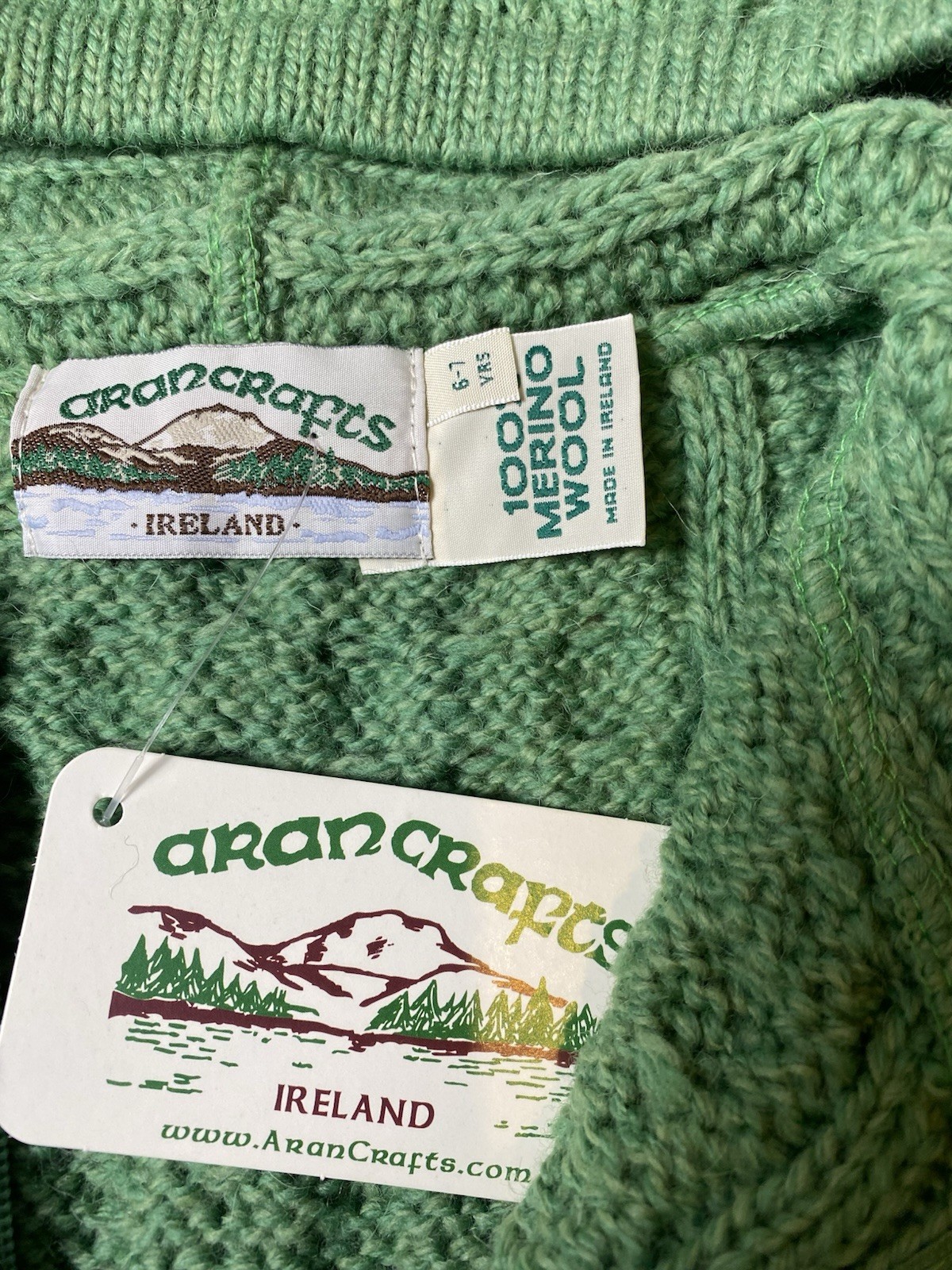 Aran Crafts Womens M Green Wool Cable-Knit Full Zip Collared Cardigan Sweater