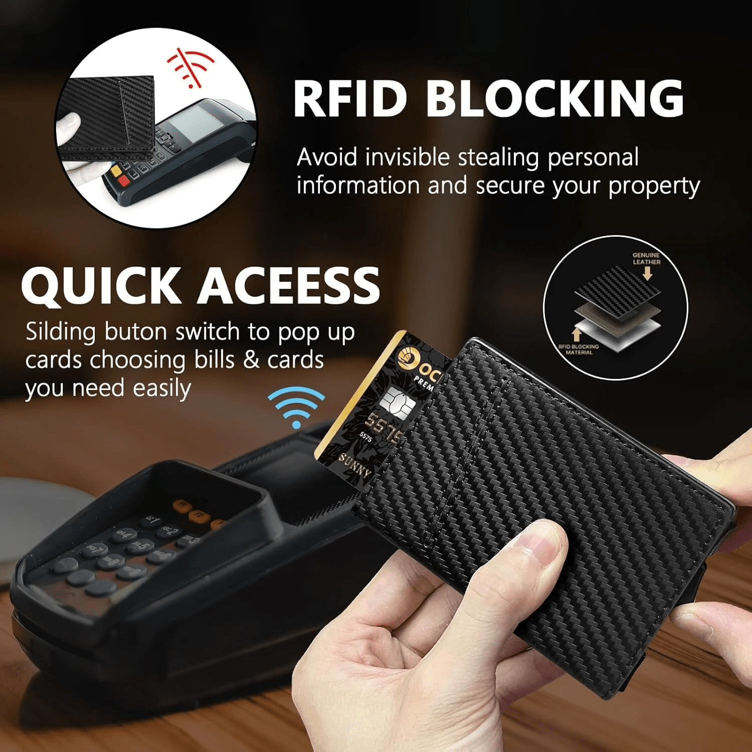 Men’s RFID Blocking Slim Wallet Pop Up Carbon Fiber Card Holder Case Minimalist