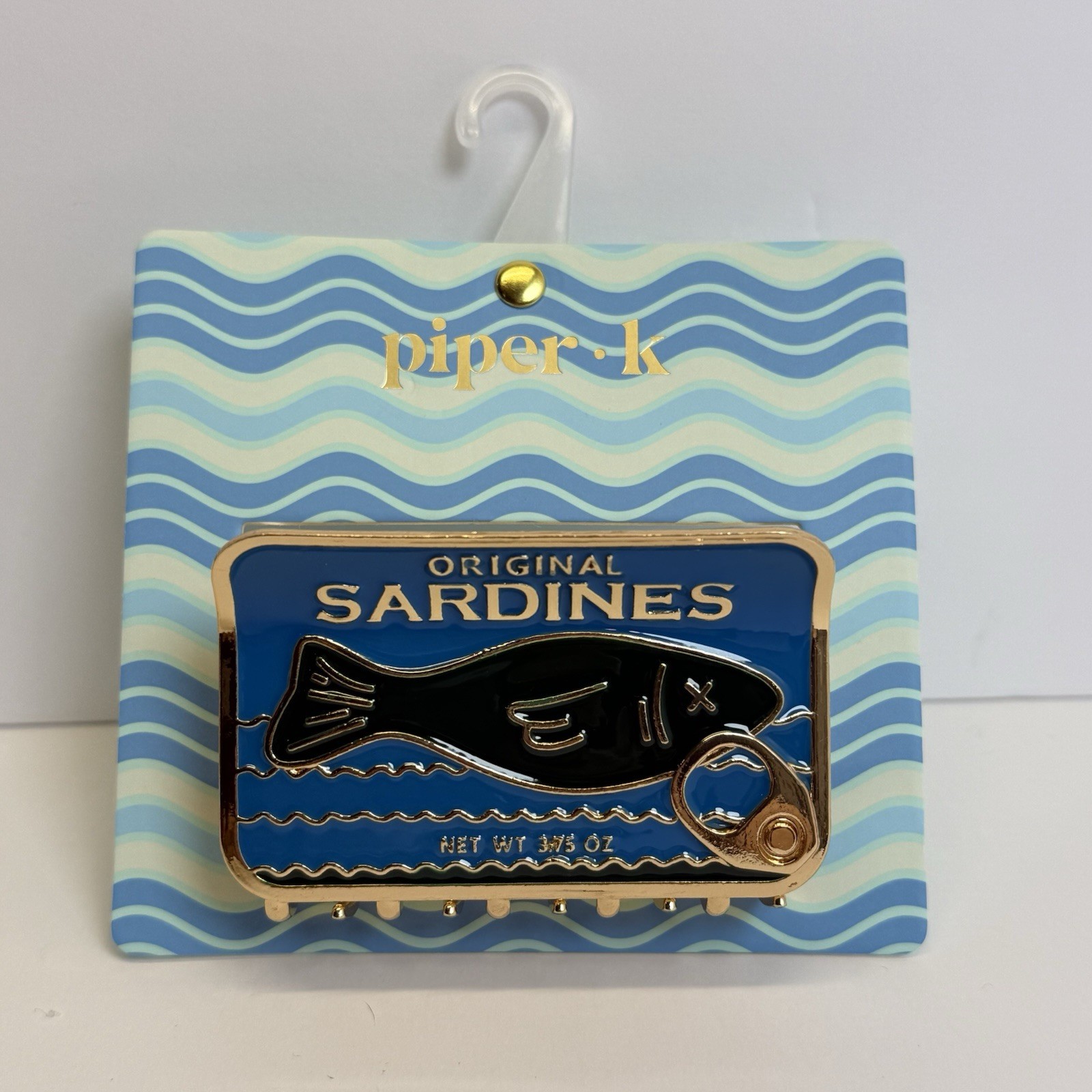 Piper K Original Sardines Hair Claw Clip Blue Gold Enamel Novelty Tinned Fish