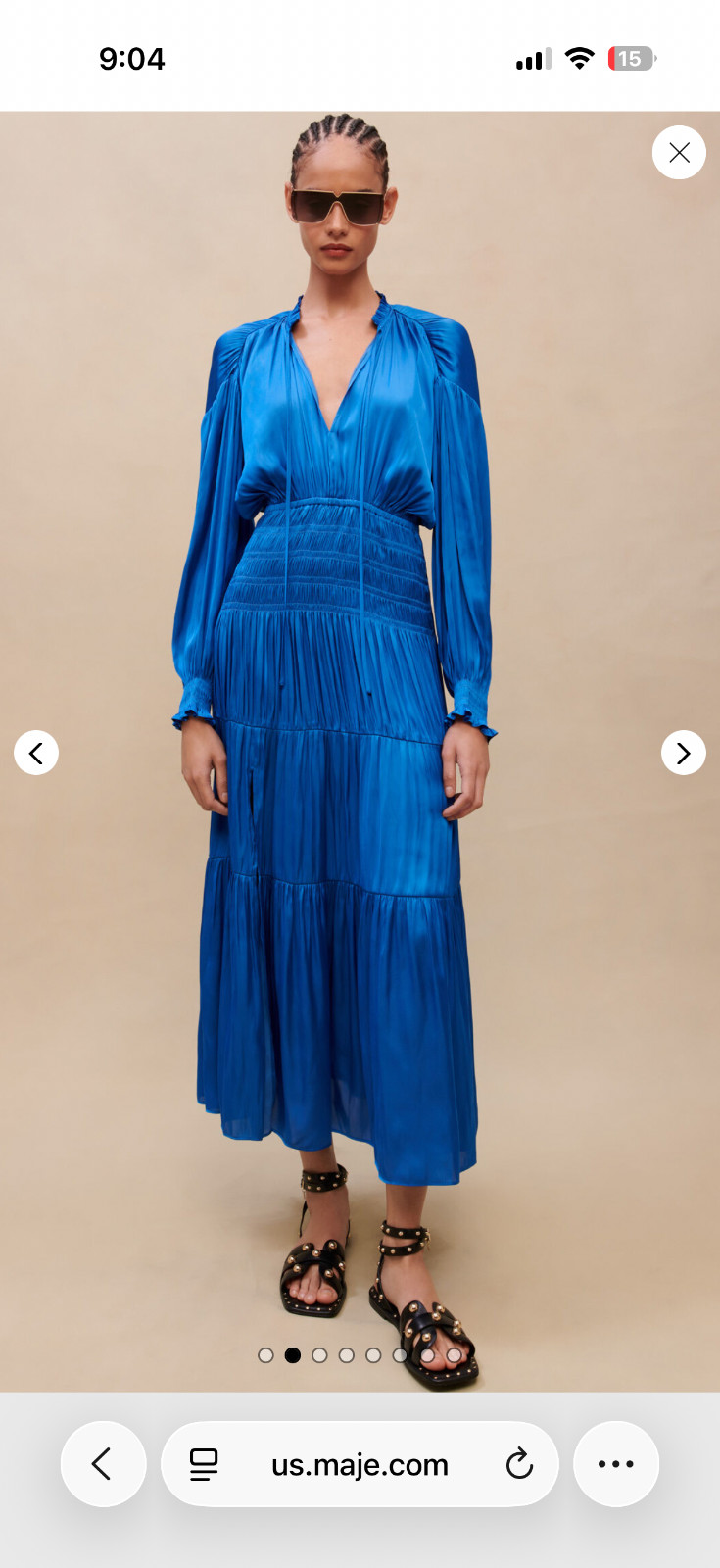 MAJE Blue Satin Rushed Midi Dress Size Small