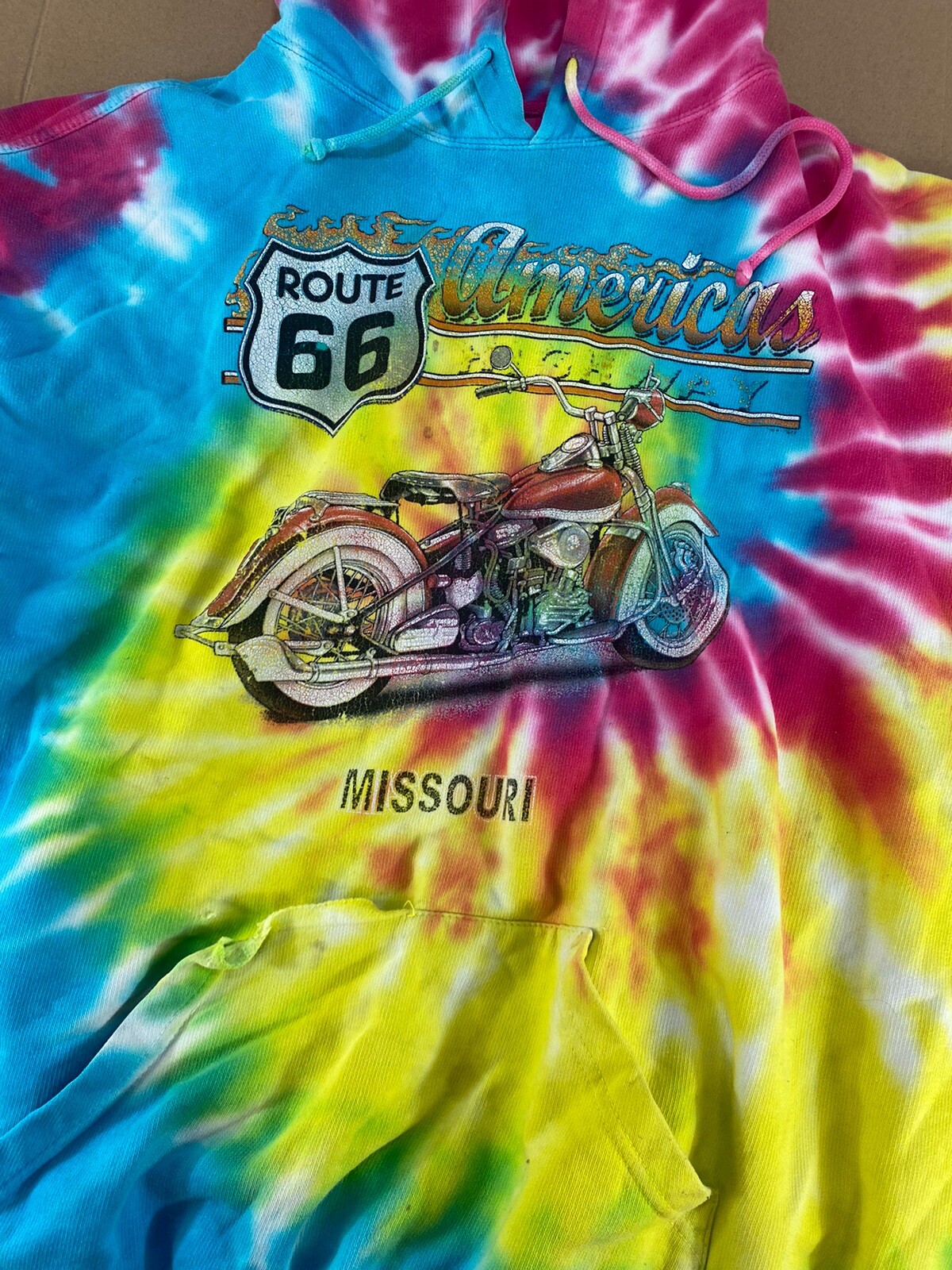 Vintage 80s 90s Tie Dye Hoody Hoodie Sweatshirt Route 66 Distressed Motorcycle