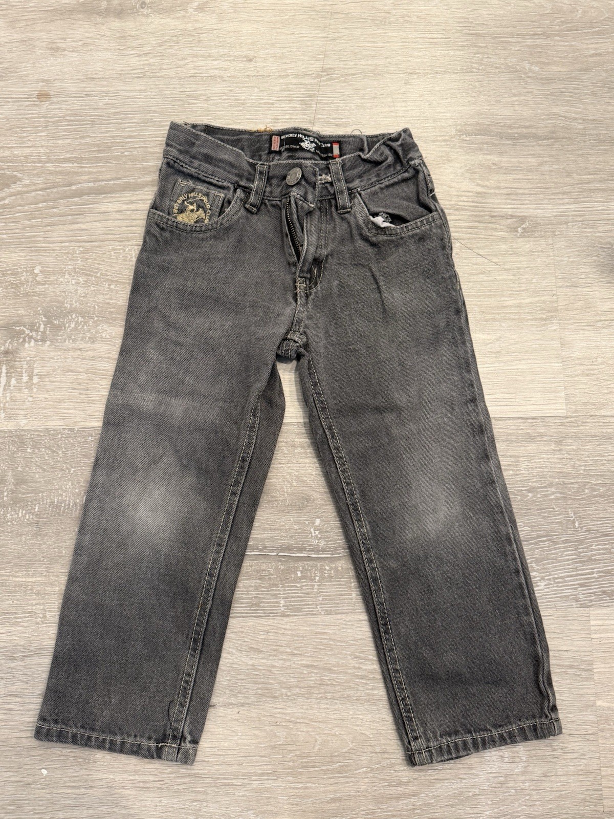 Boys Gray Denim Straight Leg Jeans Size 4 Dark Wash Embroidered Pockets Polo