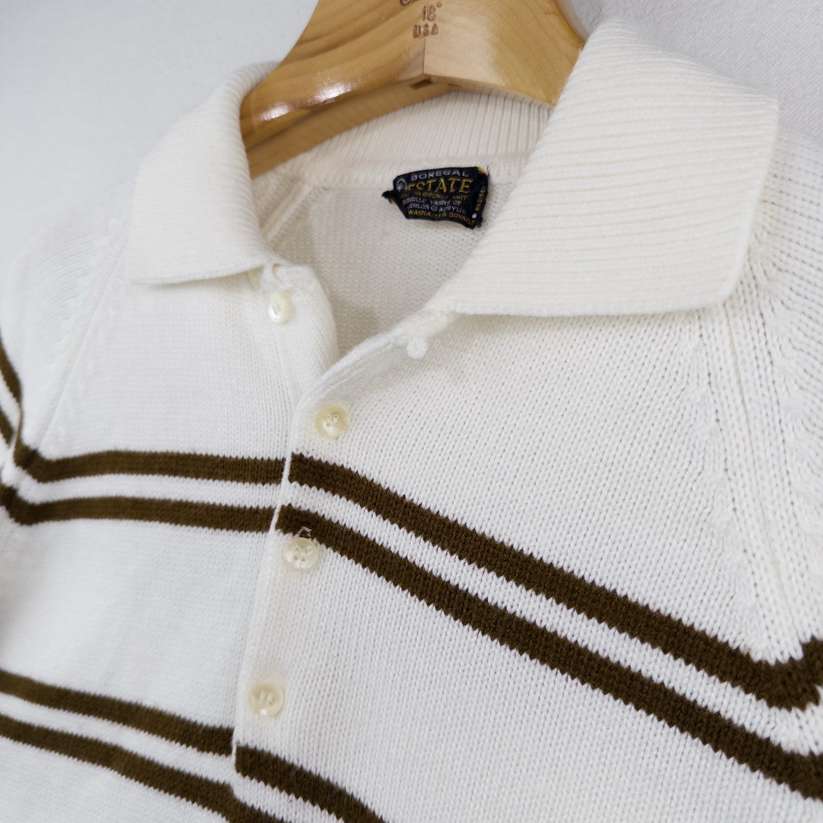 60’s Vtg Donegal Estate Mens L Orlon Acrylic Knit Polo Sweater Loop Collar Cream
