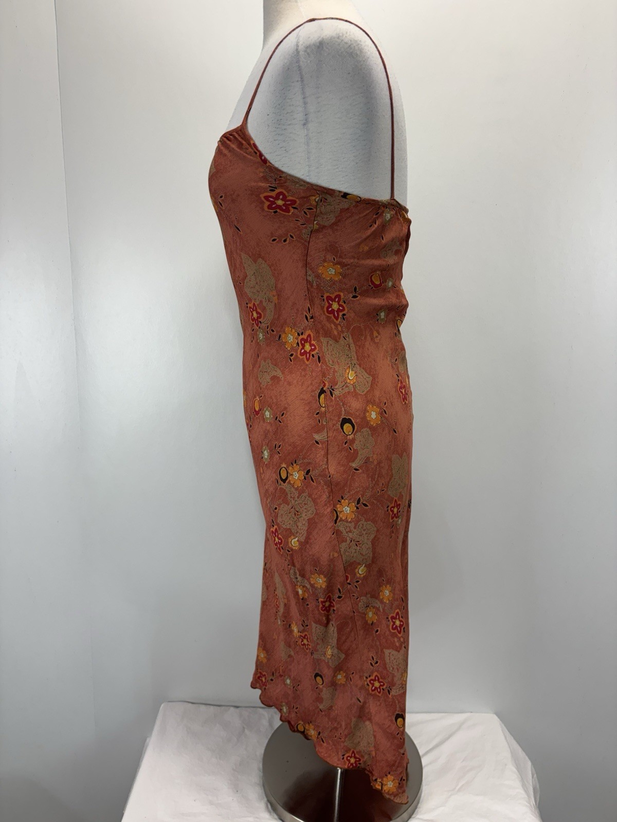 Vtg Y2K İZ Buyer Midi 7 Slip Dress Floral Forest Fairy Grunge Brown High Lo