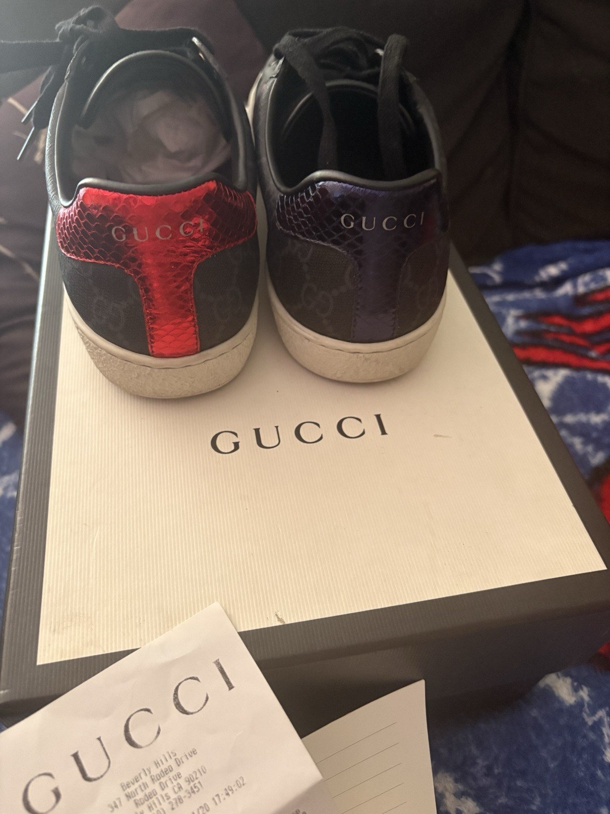 Gucci Men’s Monogram Lace-Up Sneakers Black Red Blue Leather US 5.5