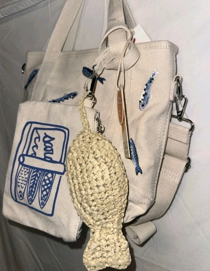NWT C & C California Sardine Fish Canvas Crossbody Tote Bag