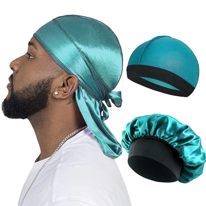 3Pack Silky Satin Durag Men Wave Cap Lot 360 Waves Bonnet Sleep Cap Doo Rag Long