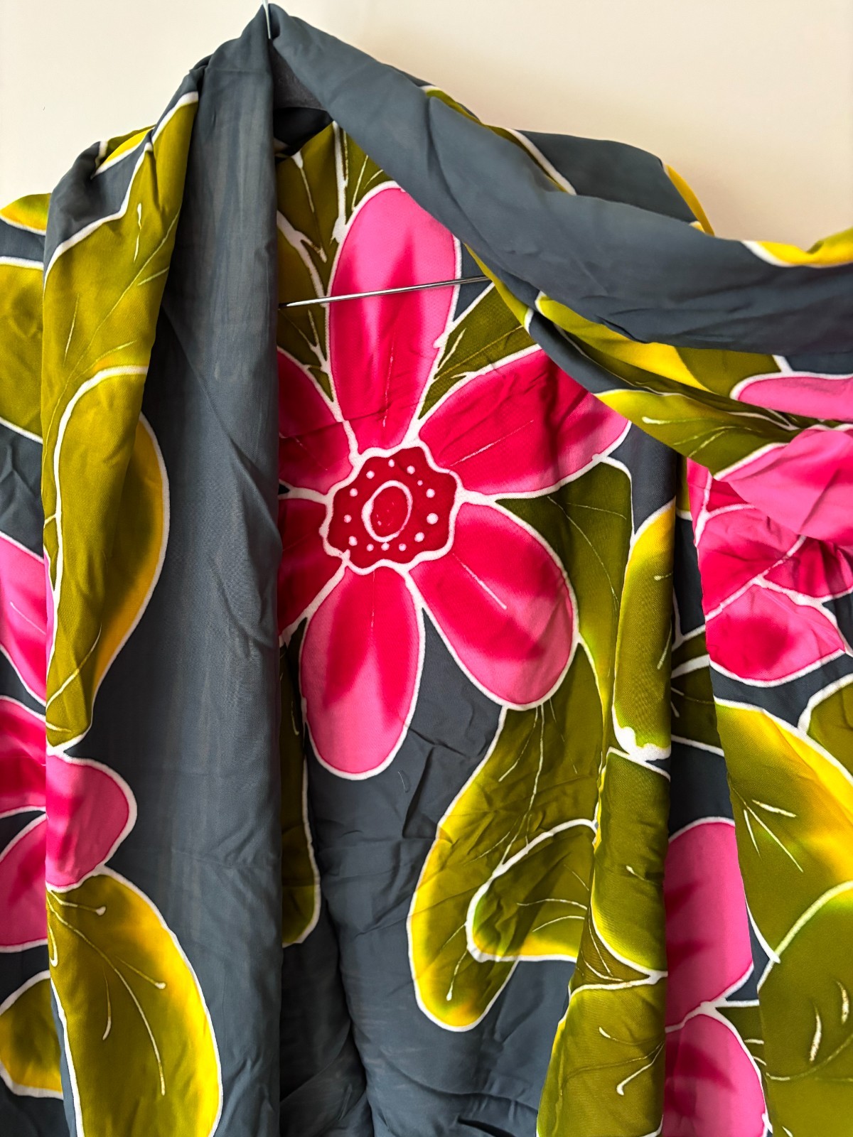 NWOT. Gray, pink and chartreuse tropical flower pareo / sarong hand painted.
